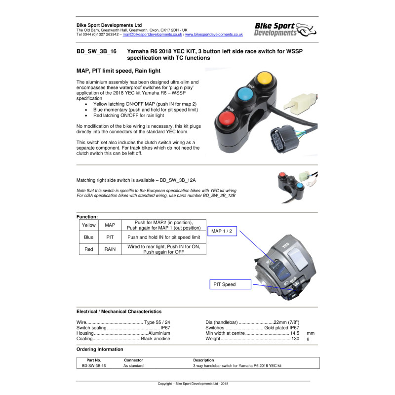 Bike Sport Developments - Yamaha 2017+ YZF-R6 WSSP Spec Left Side Button Pod - Plug & Play Bike Sport Developments - Yamaha 2017+ YZF-R6 WSSP Spec Left Side Button Pod - Plug & Play