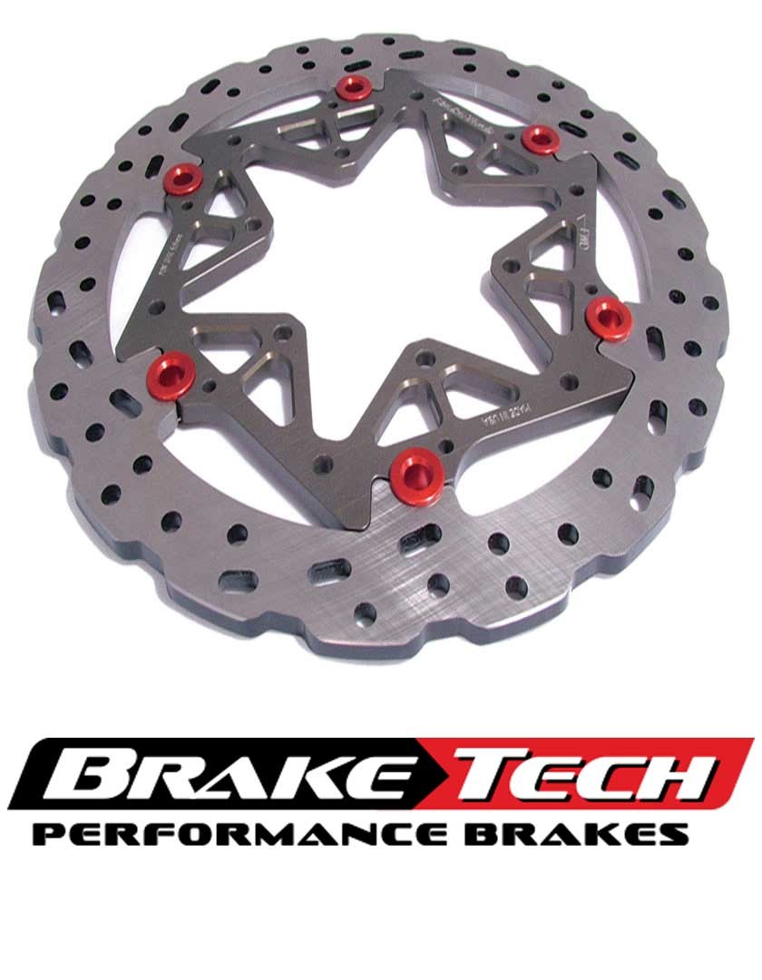 BrakeTech 320mm x 5mm AXIS/Cobra Stainless Steel w/ Blk Hard Anodized Carriers, 10mm Offset For Various Ducati Models