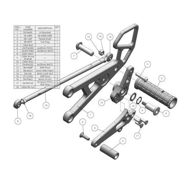 Woodcraft Standard Shift Rearset Kit - Yamaha YZF-R6 (2006-2016)
