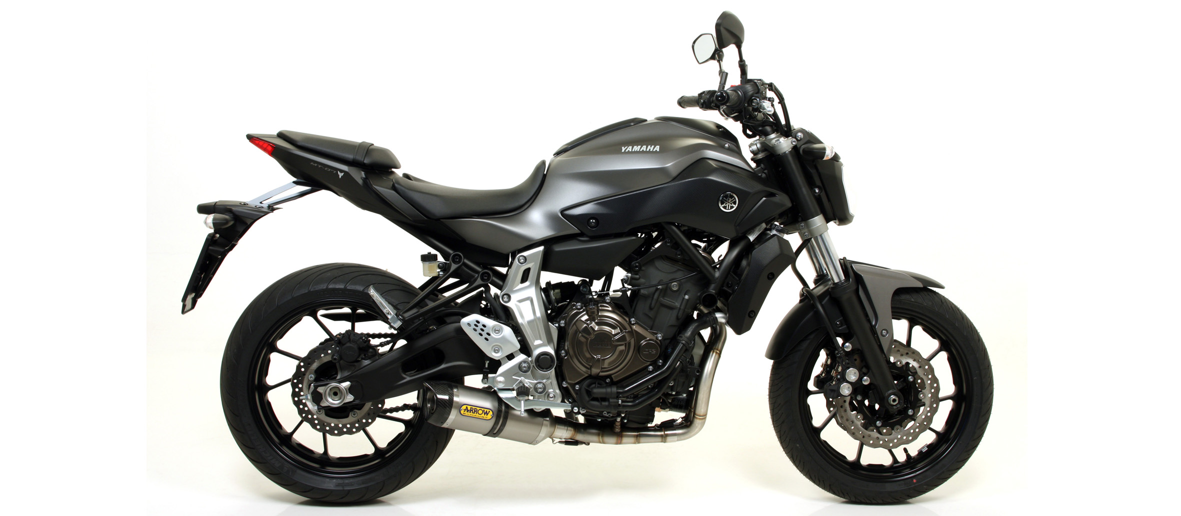 Arrow Thunder Low Mount Full Exhaust System with Titanium Canister / Carbon  End Cap - Yamaha FZ-07 / MT-07 - 71817PK + 71655MI